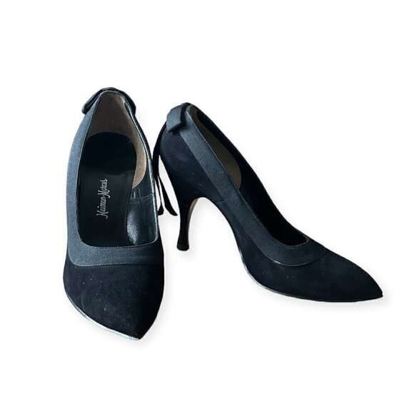 Vintage Herbert Levine "Sailor Beware" Pumps with Bow at Back, Black Suede, Size - Picture 5 of 16